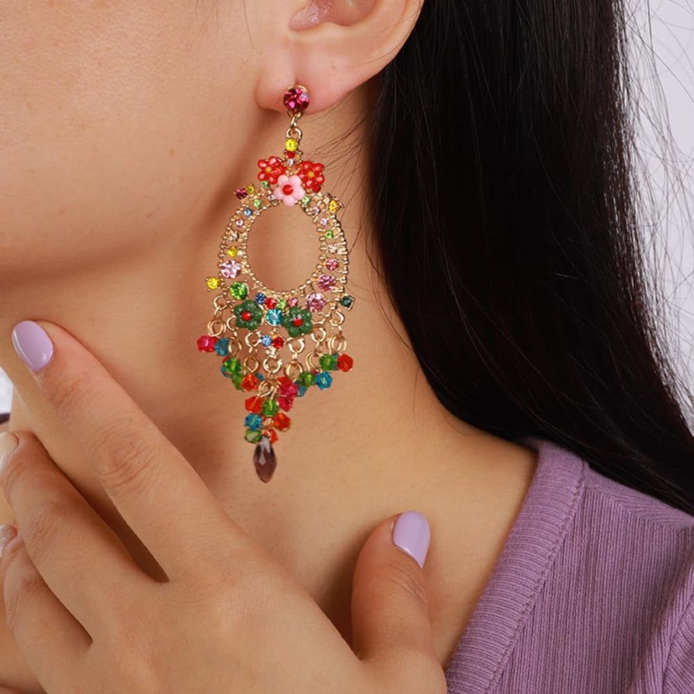 Enamel Flowers Colorful Chandelier Earrings