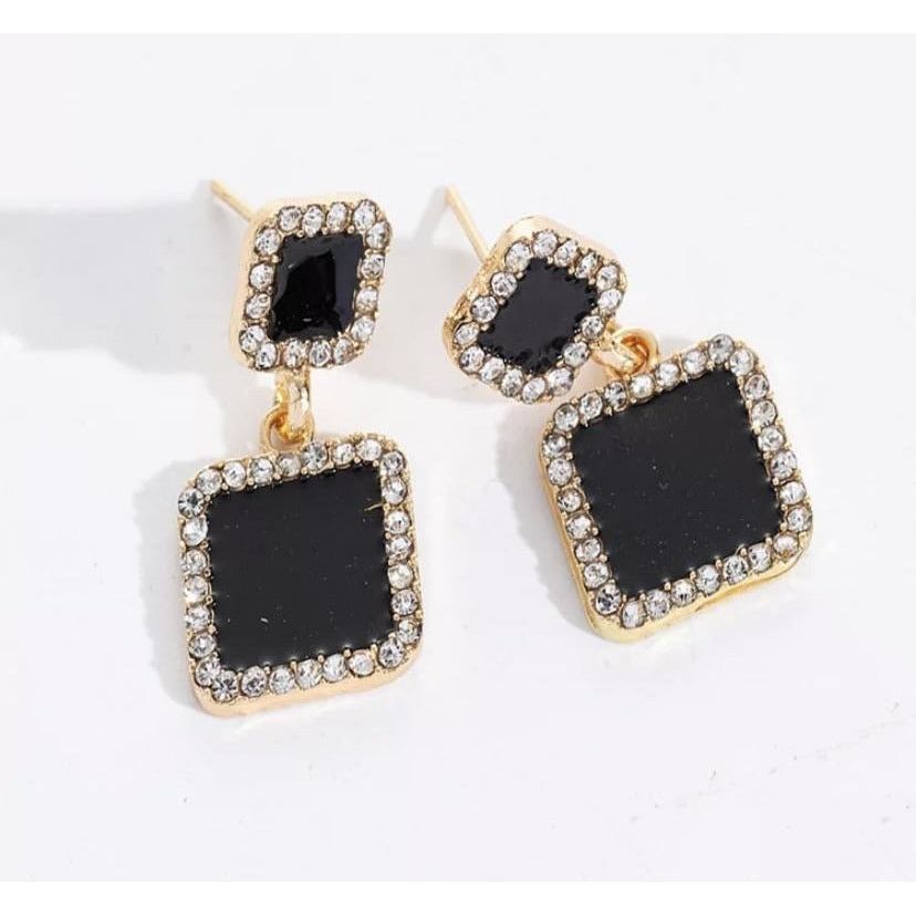 Princess Cut Black Double Square Halo Bling Statement Earrings