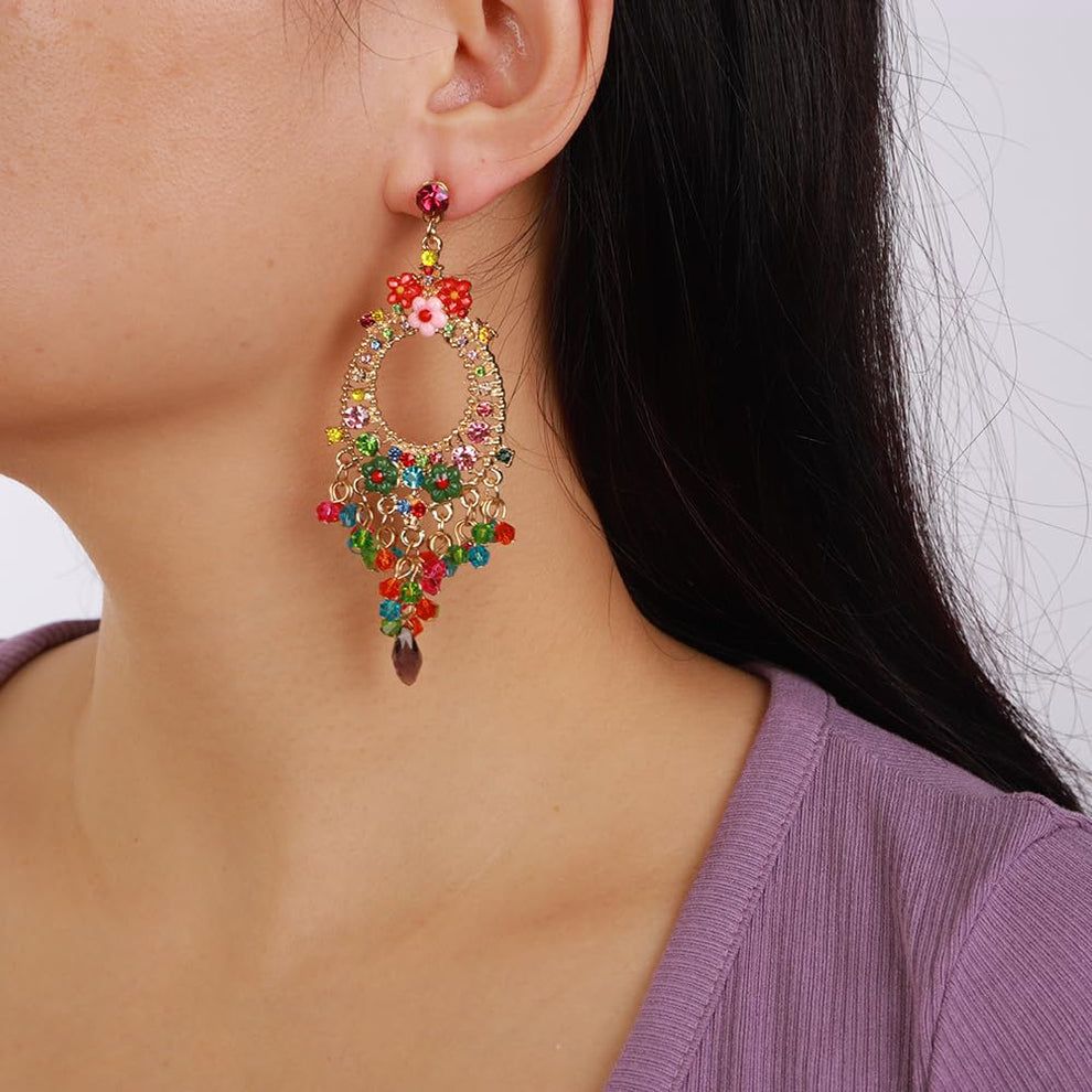 Enamel Flowers Colorful Chandelier Earrings