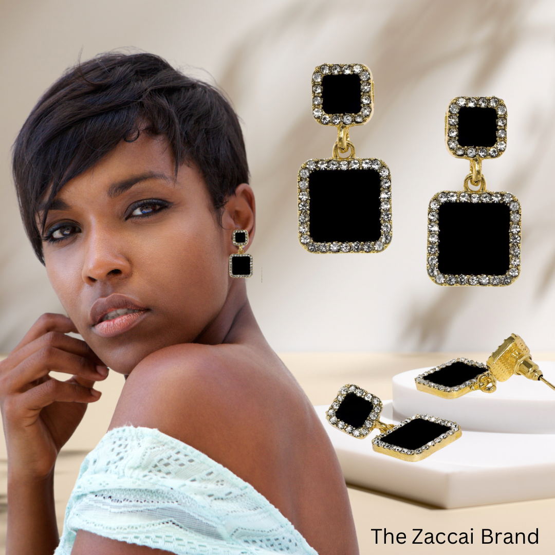 Princess Cut Black Double Square Halo Bling Statement Earrings