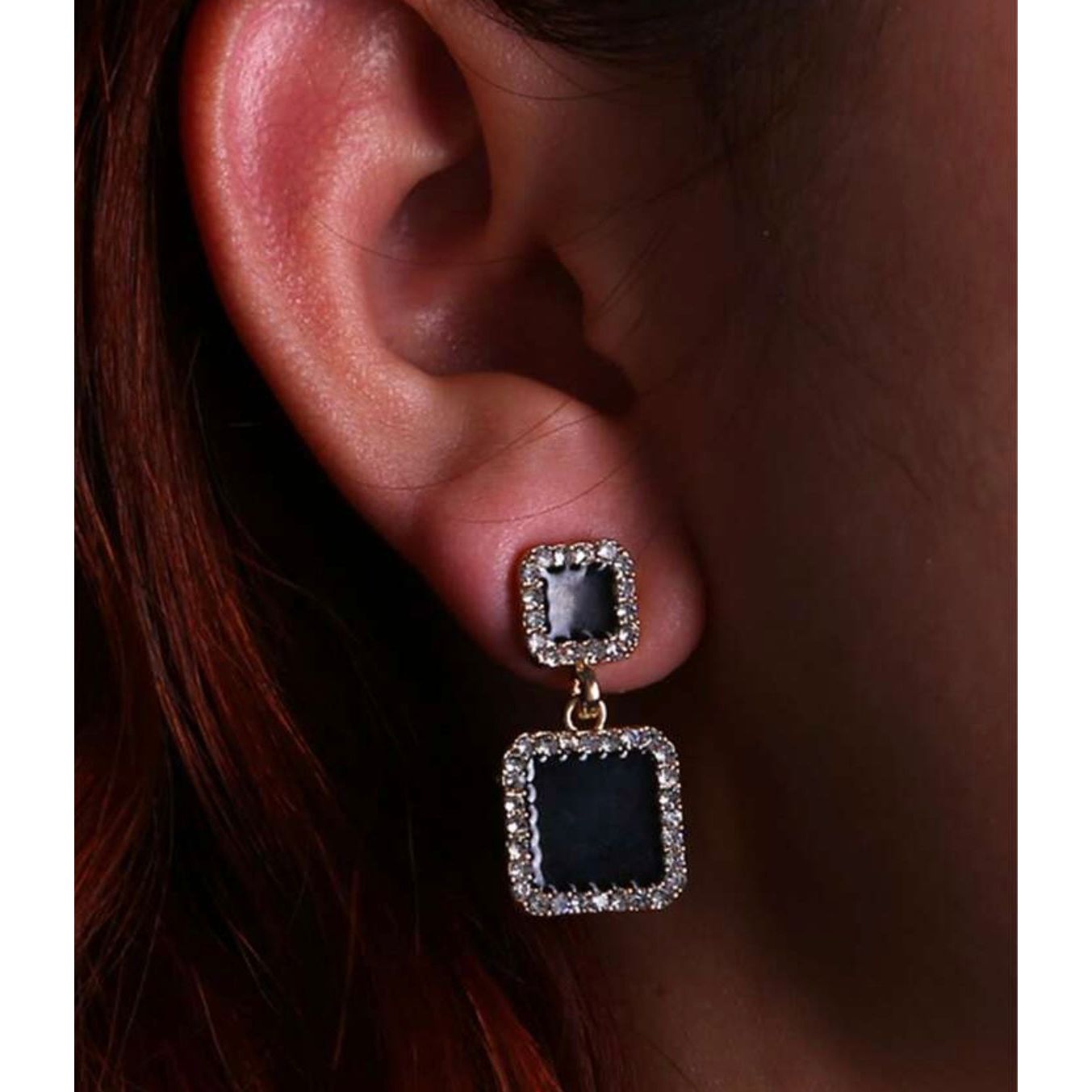 Princess Cut Black Double Square Halo Bling Statement Earrings