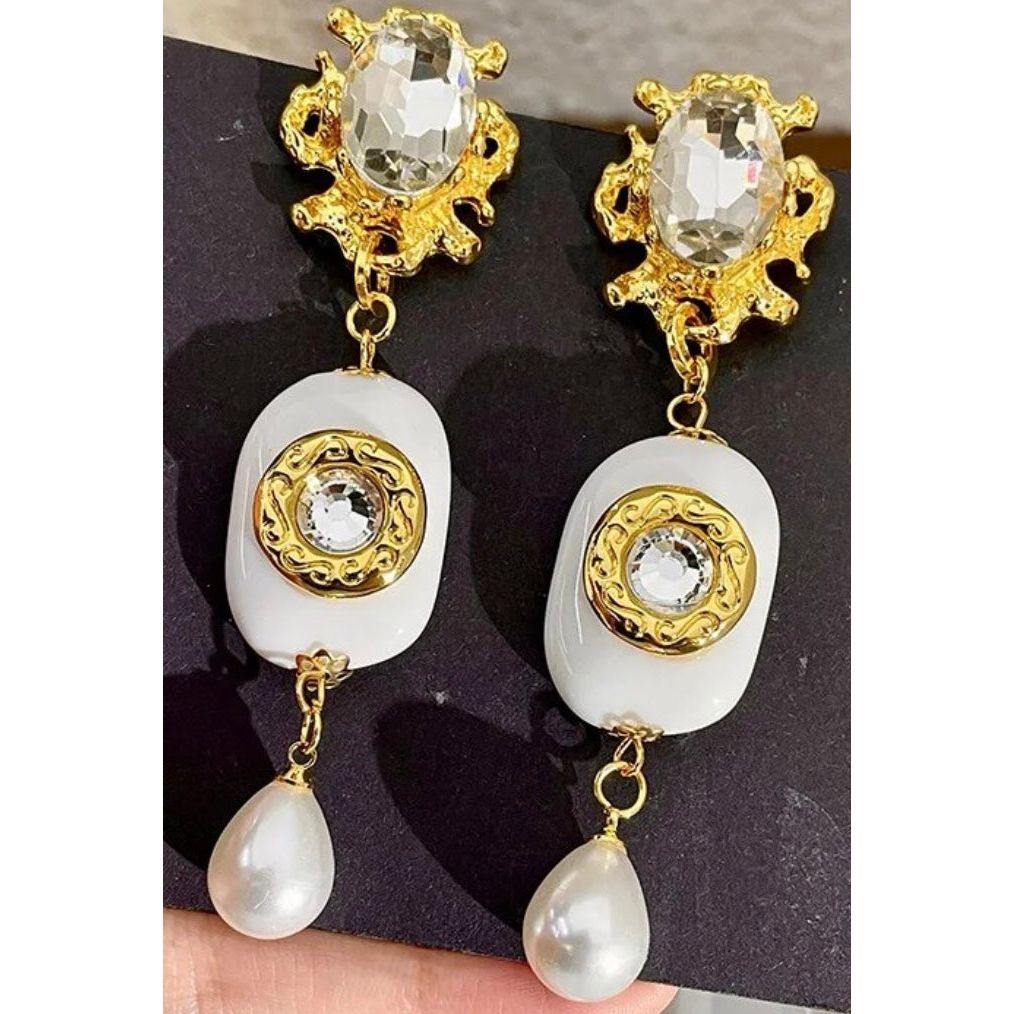 FAUX PEARLS CRYSTAL DANGLING EARRINGS